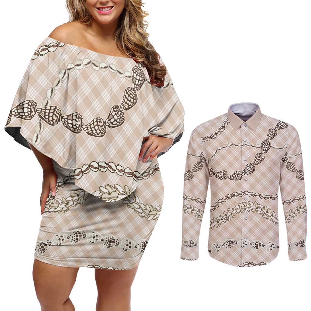 Beige Aloha Hawaii Shell Lei Couples Matching Off Shoulder Short Dress and Long Sleeve Button Shirt Palaka Hebrew Cone Honey Cowrie Elegant Curves - Polynesian Pride