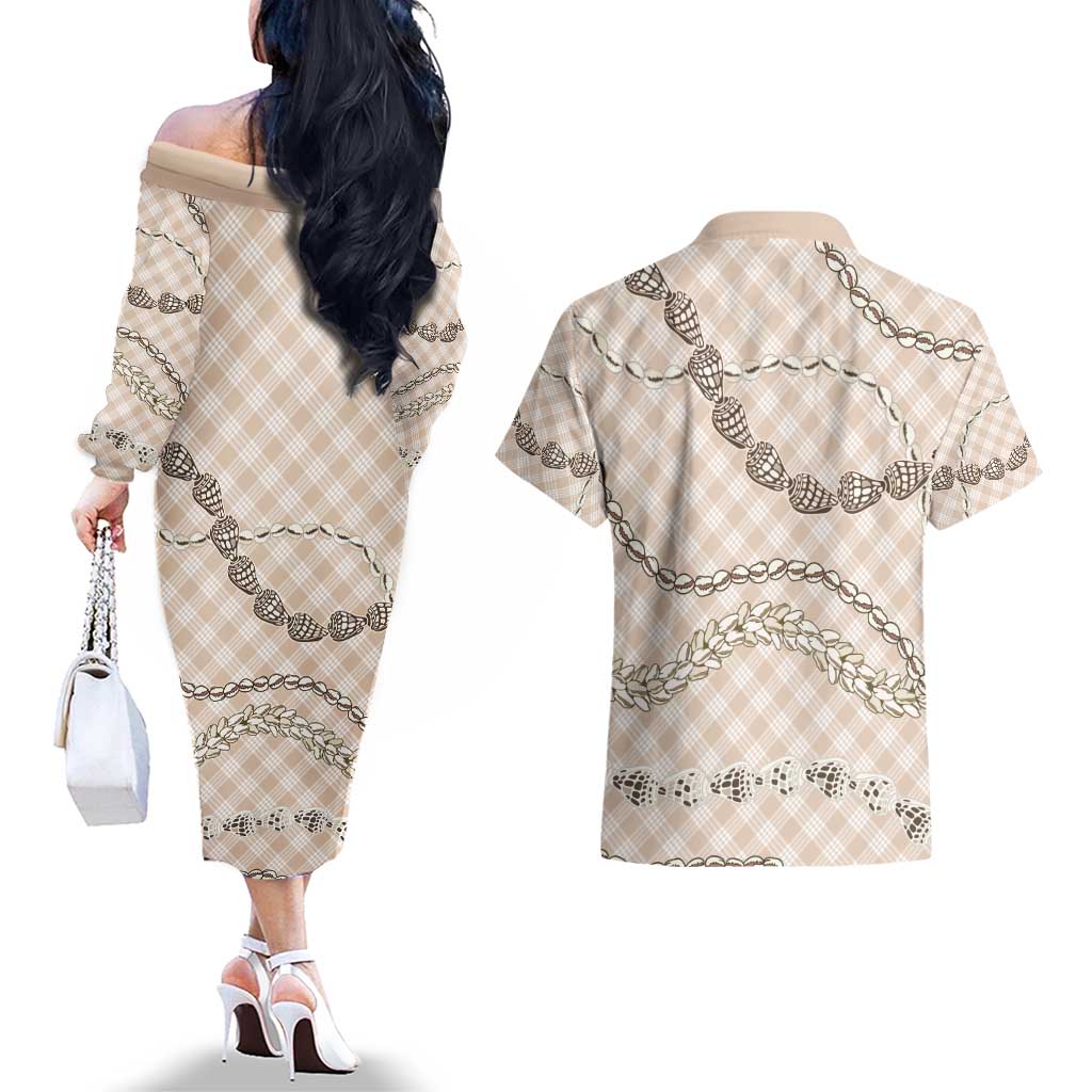 Beige Aloha Hawaii Shell Lei Couples Matching Off The Shoulder Long Sleeve Dress and Hawaiian Shirt Palaka Hebrew Cone Honey Cowrie Elegant Curves - Polynesian Pride