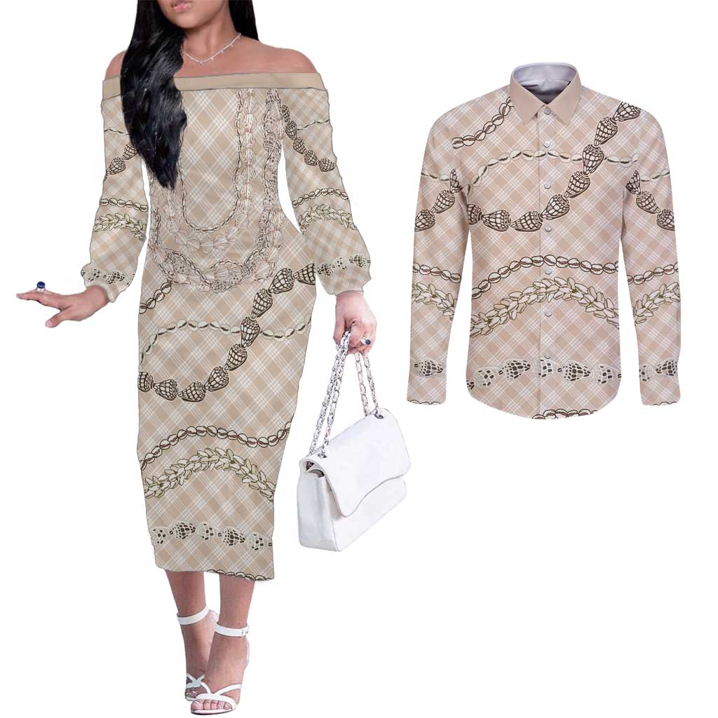 Beige Aloha Hawaii Shell Lei Couples Matching Off The Shoulder Long Sleeve Dress and Long Sleeve Button Shirt Palaka Hebrew Cone Honey Cowrie Elegant Curves - Polynesian Pride