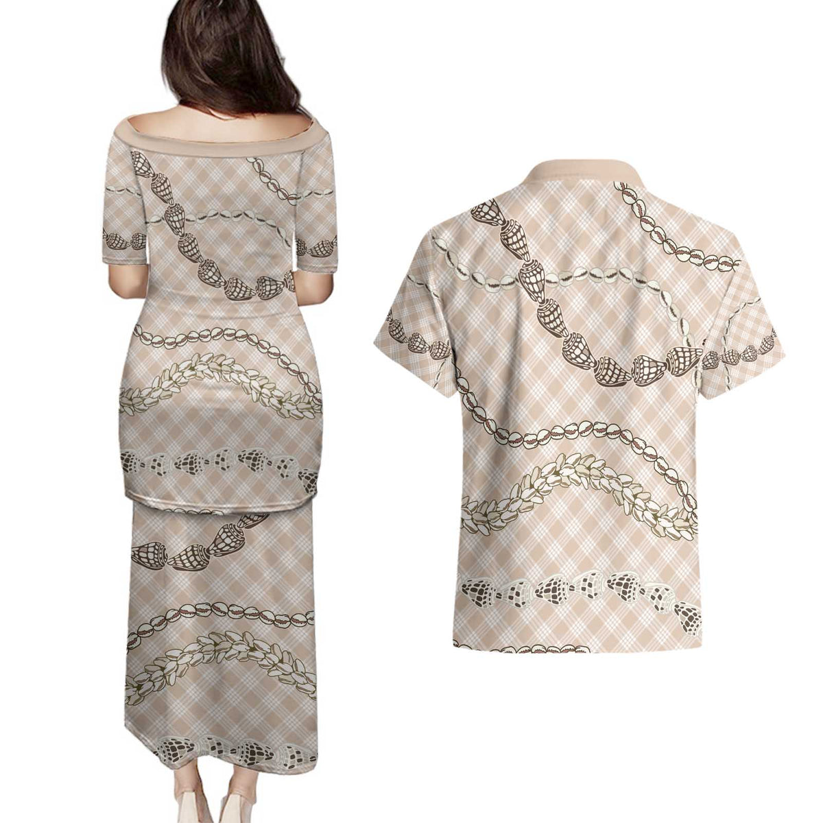Beige Aloha Hawaii Shell Lei Couples Matching Puletasi and Hawaiian Shirt Palaka Hebrew Cone Honey Cowrie Elegant Curves - Polynesian Pride
