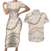 Beige Aloha Hawaii Shell Lei Couples Matching Short Sleeve Bodycon Dress and Hawaiian Shirt Palaka Hebrew Cone Honey Cowrie Elegant Curves - Polynesian Pride