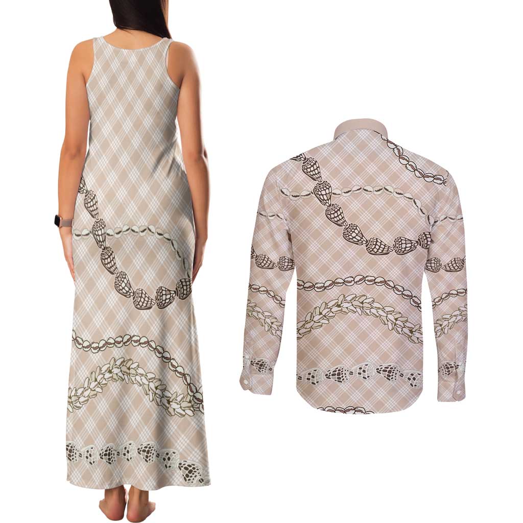 Beige Aloha Hawaii Shell Lei Couples Matching Tank Maxi Dress and Long Sleeve Button Shirt Palaka Hebrew Cone Honey Cowrie Elegant Curves - Polynesian Pride