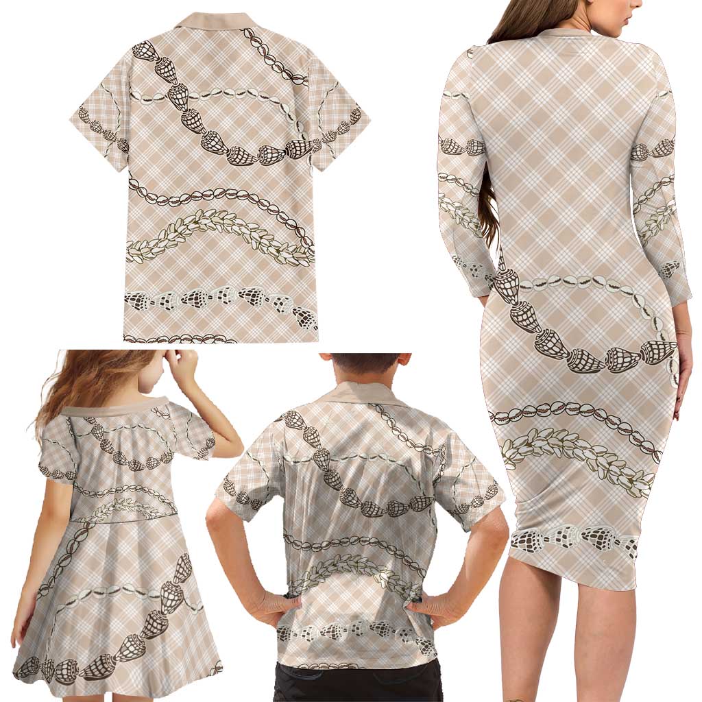 Beige Aloha Hawaii Shell Lei Family Matching Long Sleeve Bodycon Dress and Hawaiian Shirt Palaka Hebrew Cone Honey Cowrie Elegant Curves - Polynesian Pride