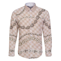 Beige Aloha Hawaii Shell Lei Family Matching Off The Shoulder Long Sleeve Dress and Hawaiian Shirt Palaka Hebrew Cone Honey Cowrie Elegant Curves - Polynesian Pride