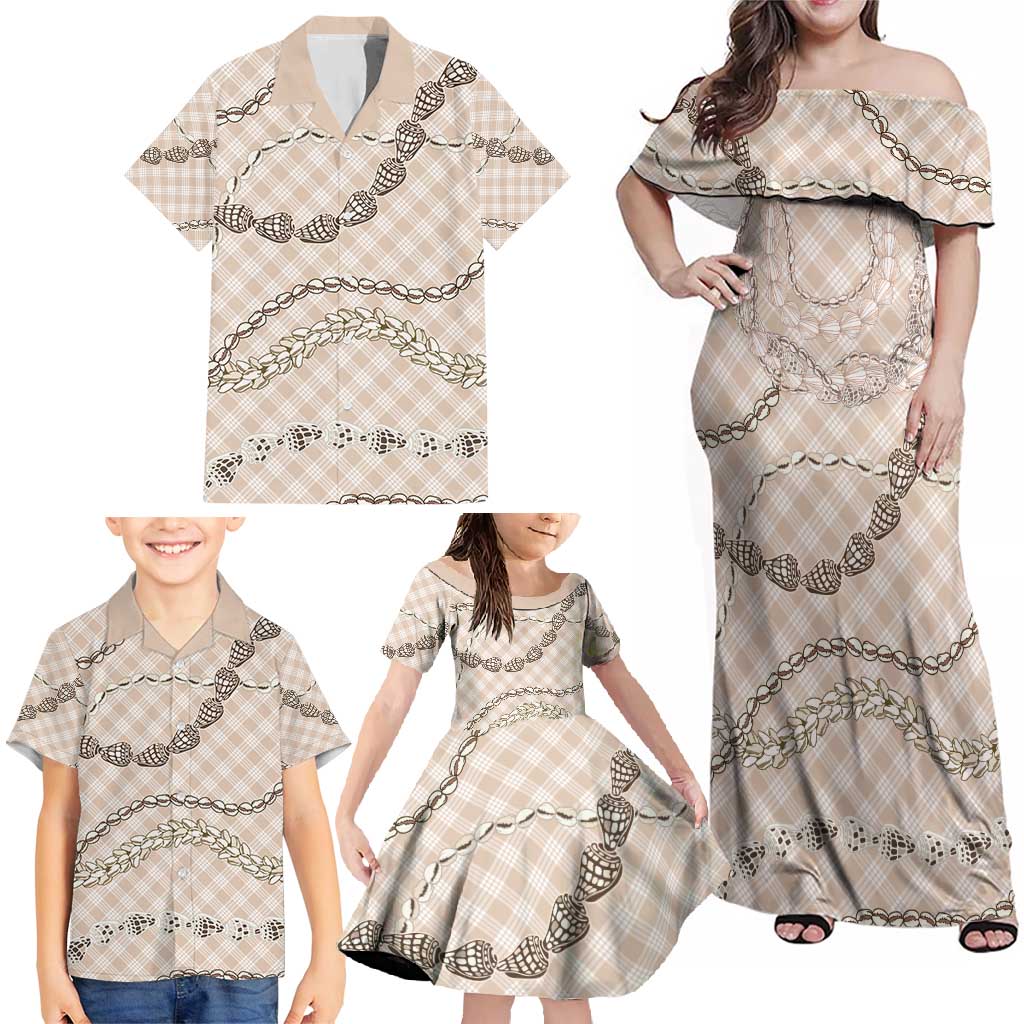 Beige Aloha Hawaii Shell Lei Family Matching Off Shoulder Maxi Dress and Hawaiian Shirt Palaka Hebrew Cone Honey Cowrie Elegant Curves - Polynesian Pride