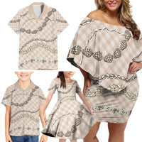 Beige Aloha Hawaii Shell Lei Family Matching Off Shoulder Short Dress and Hawaiian Shirt Palaka Hebrew Cone Honey Cowrie Elegant Curves - Polynesian Pride