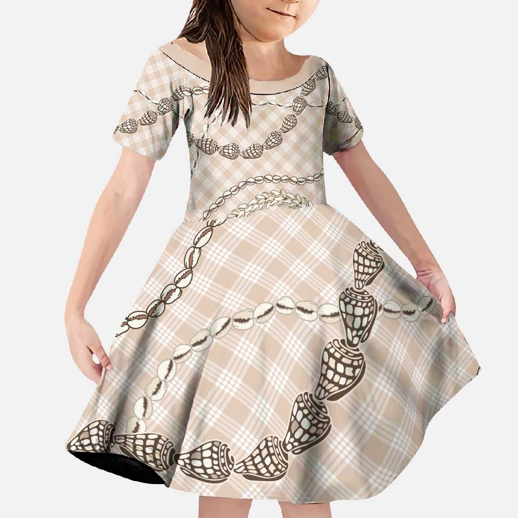 Beige Aloha Hawaii Shell Lei Family Matching Short Sleeve Bodycon Dress and Hawaiian Shirt Palaka Hebrew Cone Honey Cowrie Elegant Curves - Polynesian Pride