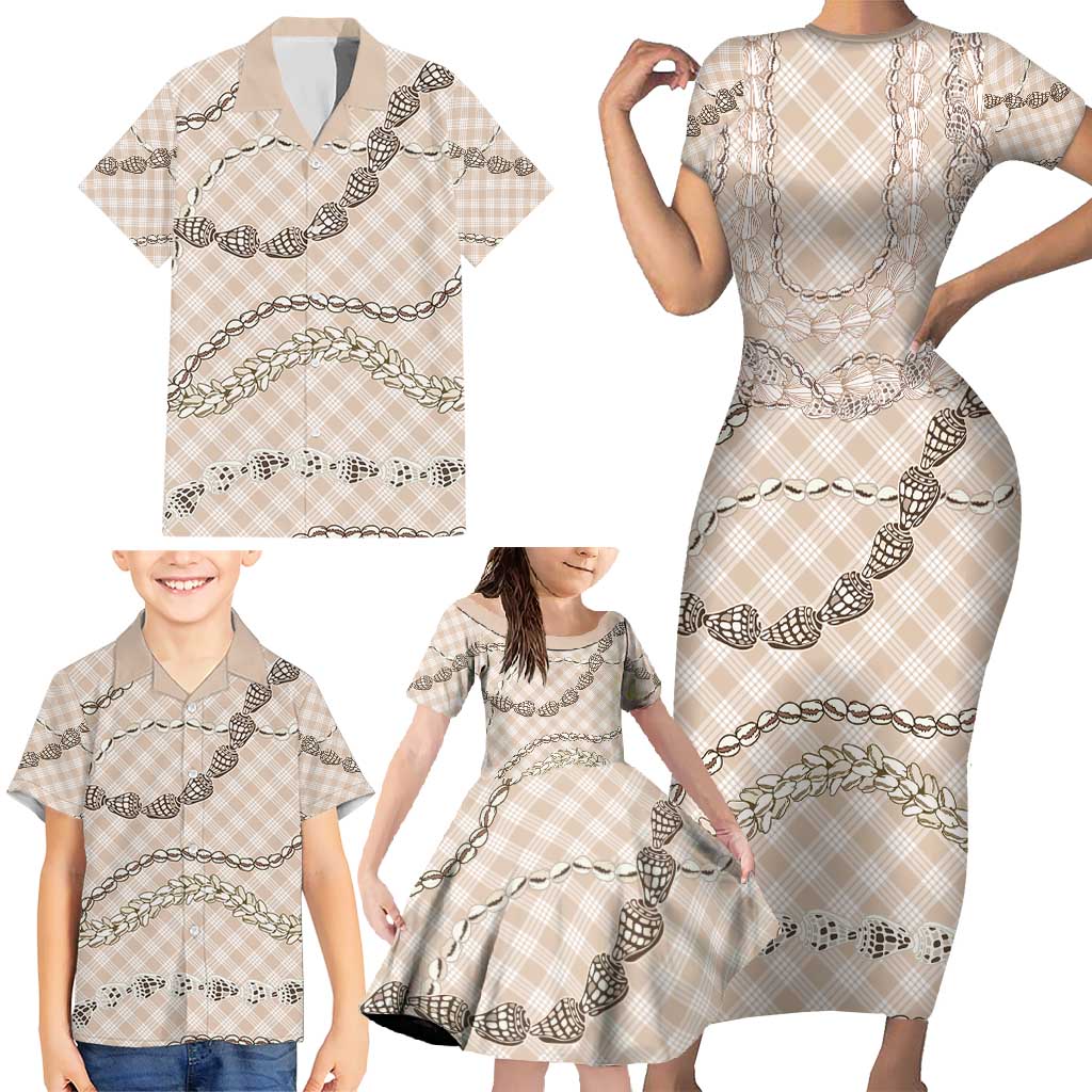 Beige Aloha Hawaii Shell Lei Family Matching Short Sleeve Bodycon Dress and Hawaiian Shirt Palaka Hebrew Cone Honey Cowrie Elegant Curves - Polynesian Pride