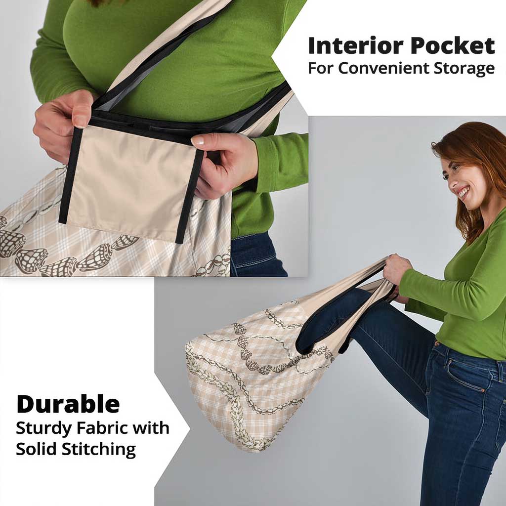 Beige Aloha Hawaii Shell Lei Grocery Bag Palaka Hebrew Cone Honey Cowrie Elegant Curves - Polynesian Pride