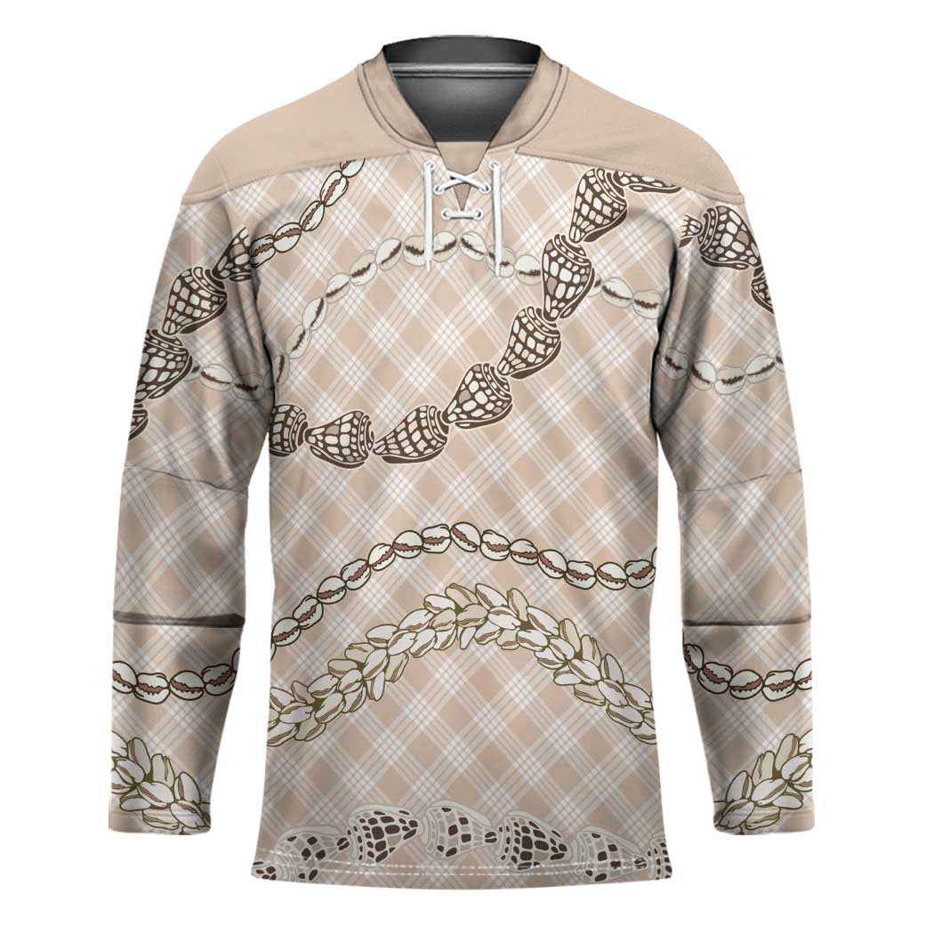 Beige Aloha Hawaii Shell Lei Hockey Jersey Palaka Hebrew Cone Honey Cowrie Elegant Curves - Polynesian Pride