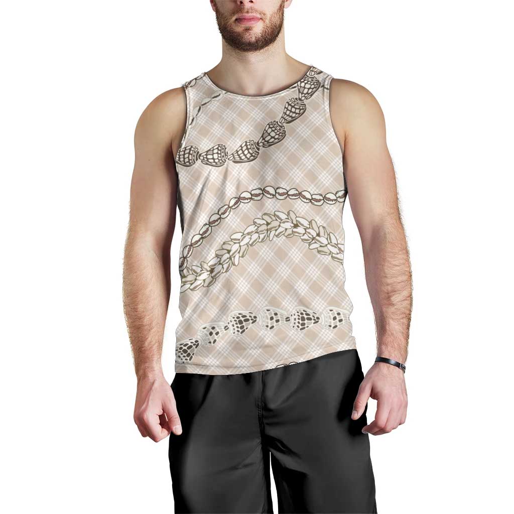 Beige Aloha Hawaii Shell Lei Men Tank Top Palaka Hebrew Cone Honey Cowrie Elegant Curves - Polynesian Pride