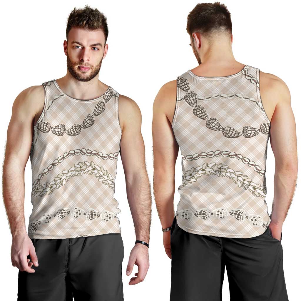 Beige Aloha Hawaii Shell Lei Men Tank Top Palaka Hebrew Cone Honey Cowrie Elegant Curves - Polynesian Pride