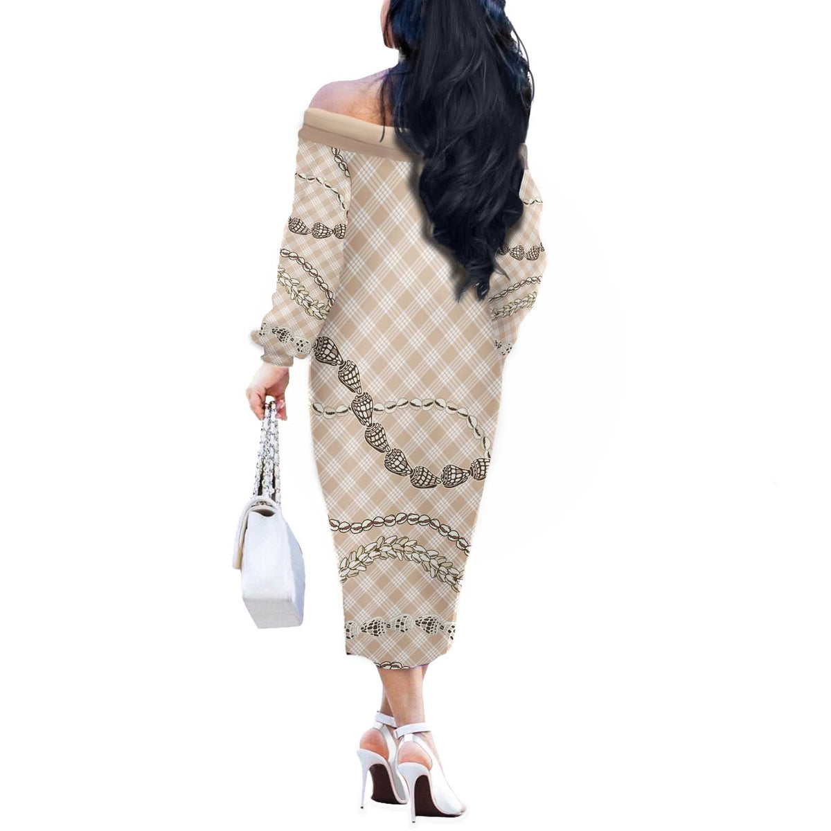 Beige Aloha Hawaii Shell Lei Off The Shoulder Long Sleeve Dress Palaka Hebrew Cone Honey Cowrie Elegant Curves - Polynesian Pride