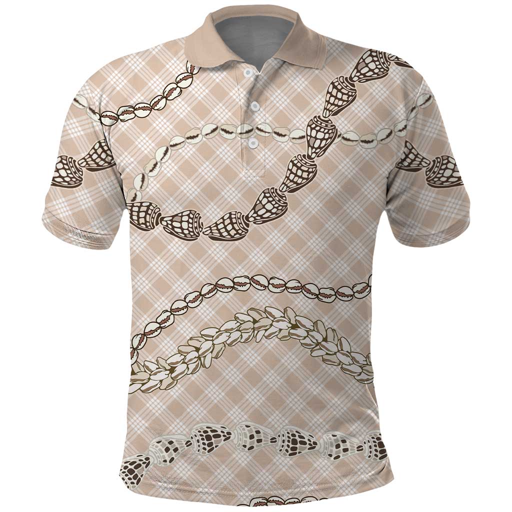 Beige Aloha Hawaii Shell Lei Polo Shirt Palaka Hebrew Cone Honey Cowrie Elegant Curves - Polynesian Pride