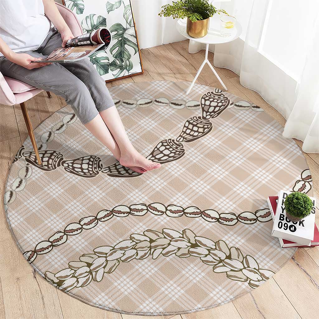 Beige Aloha Hawaii Shell Lei Round Carpet Palaka Hebrew Cone Honey Cowrie Elegant Curves - Polynesian Pride