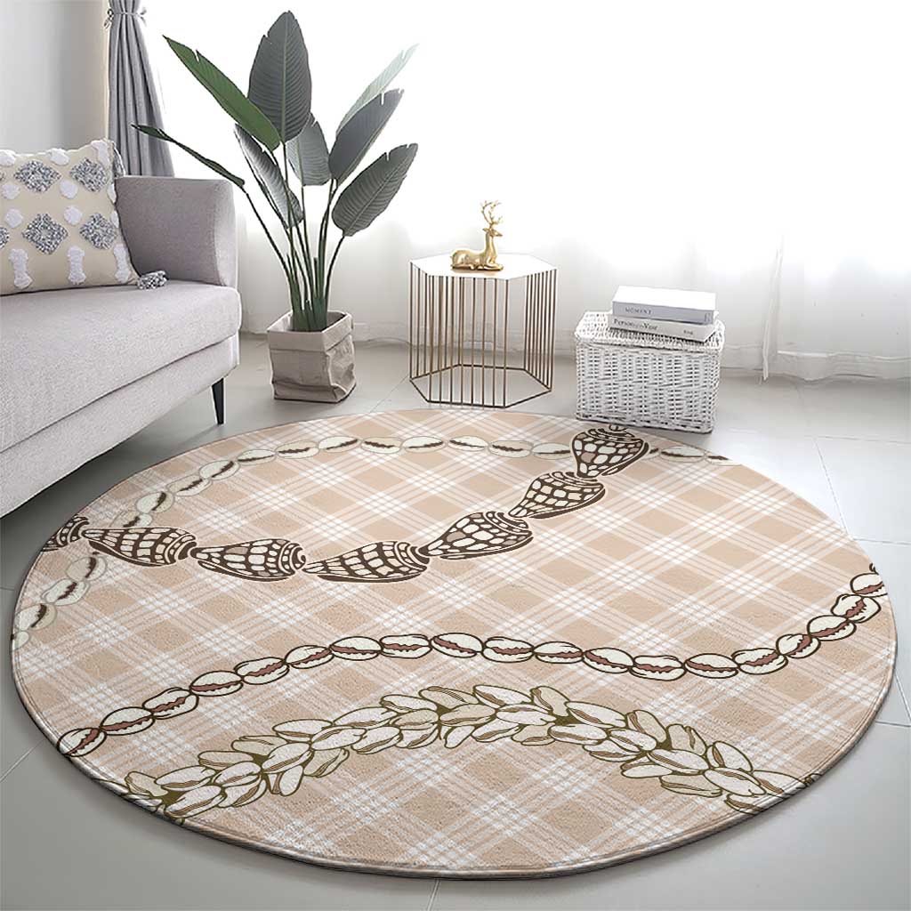 Beige Aloha Hawaii Shell Lei Round Carpet Palaka Hebrew Cone Honey Cowrie Elegant Curves - Polynesian Pride