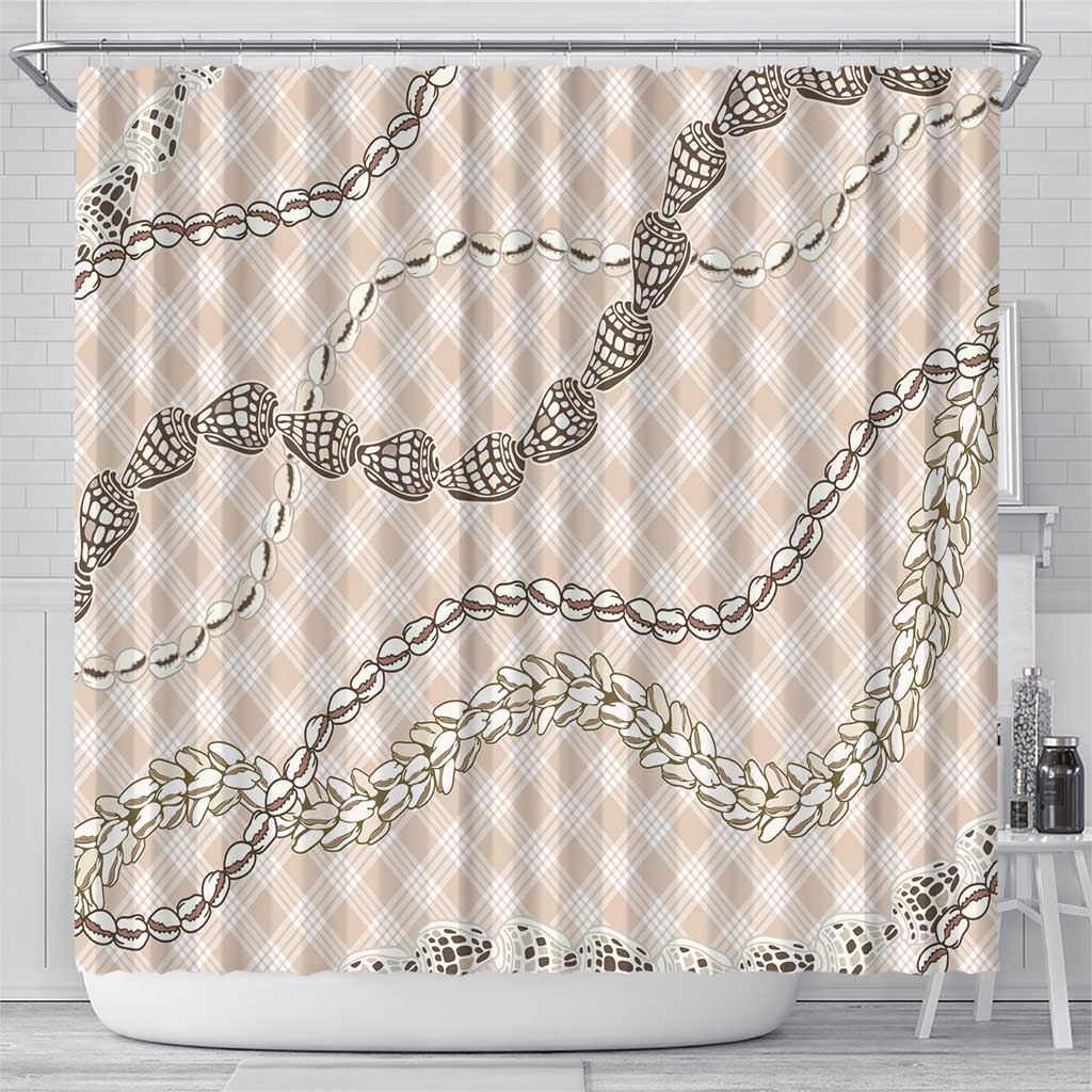 Beige Aloha Hawaii Shell Lei Shower Curtain Palaka Hebrew Cone Honey Cowrie Elegant Curves - Polynesian Pride