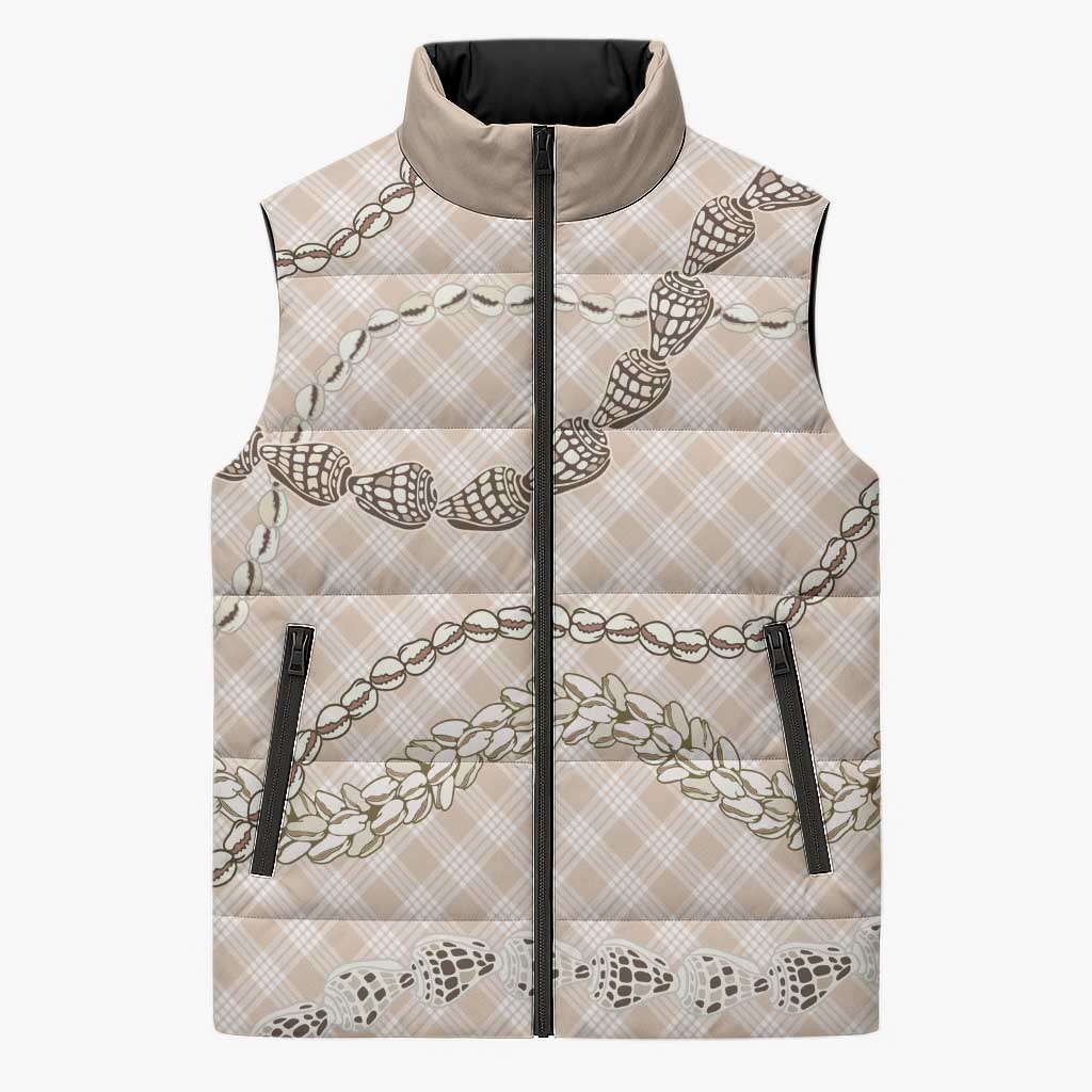 Beige Aloha Hawaii Shell Lei Sleeveless Puffer Jacket Palaka Hebrew Cone Honey Cowrie Elegant Curves - Polynesian Pride