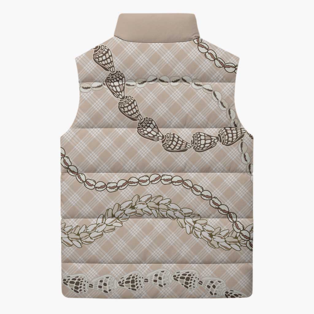 Beige Aloha Hawaii Shell Lei Sleeveless Puffer Jacket Palaka Hebrew Cone Honey Cowrie Elegant Curves - Polynesian Pride
