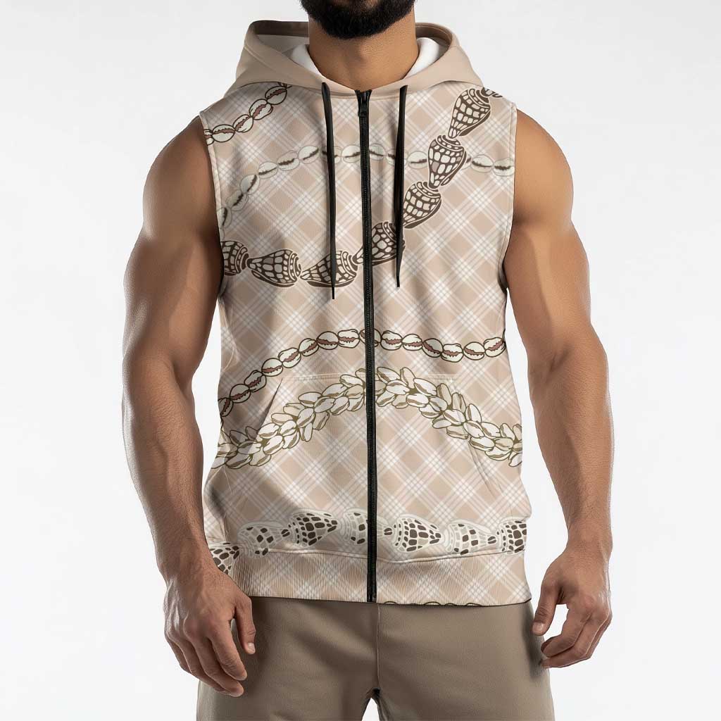 Beige Aloha Hawaii Shell Lei Sleeveless Zip Hoodie Palaka Hebrew Cone Honey Cowrie Elegant Curves LT14