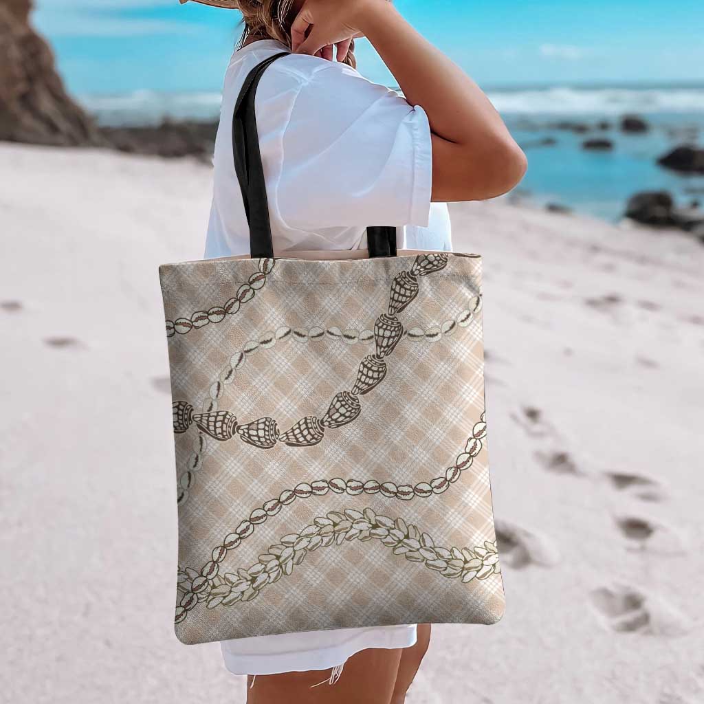 Beige Aloha Hawaii Shell Lei Tote Bag Palaka Hebrew Cone Honey Cowrie Elegant Curves - Polynesian Pride