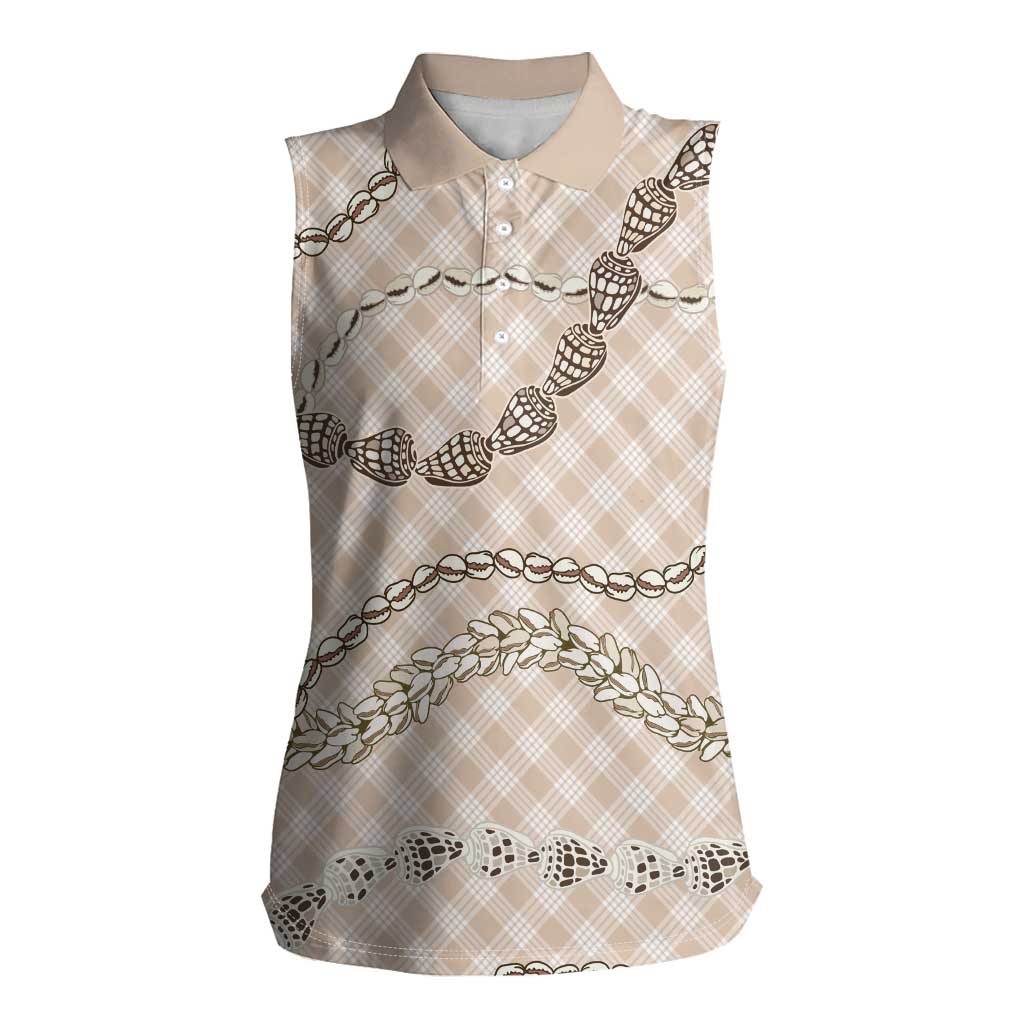 Beige Aloha Hawaii Shell Lei Women Sleeveless Polo Shirt Palaka Hebrew Cone Honey Cowrie Elegant Curves - Polynesian Pride