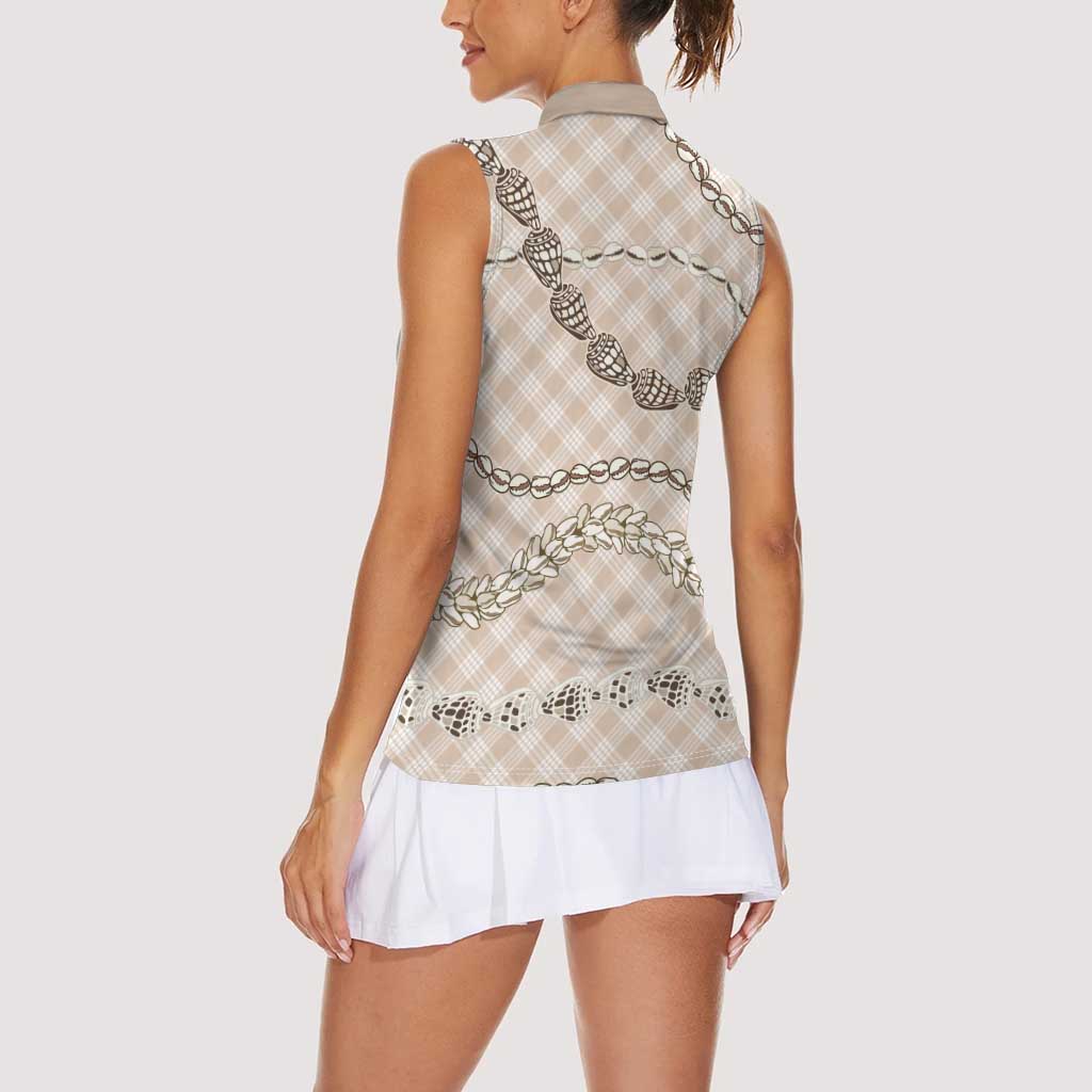 Beige Aloha Hawaii Shell Lei Women Sleeveless Polo Shirt Palaka Hebrew Cone Honey Cowrie Elegant Curves - Polynesian Pride