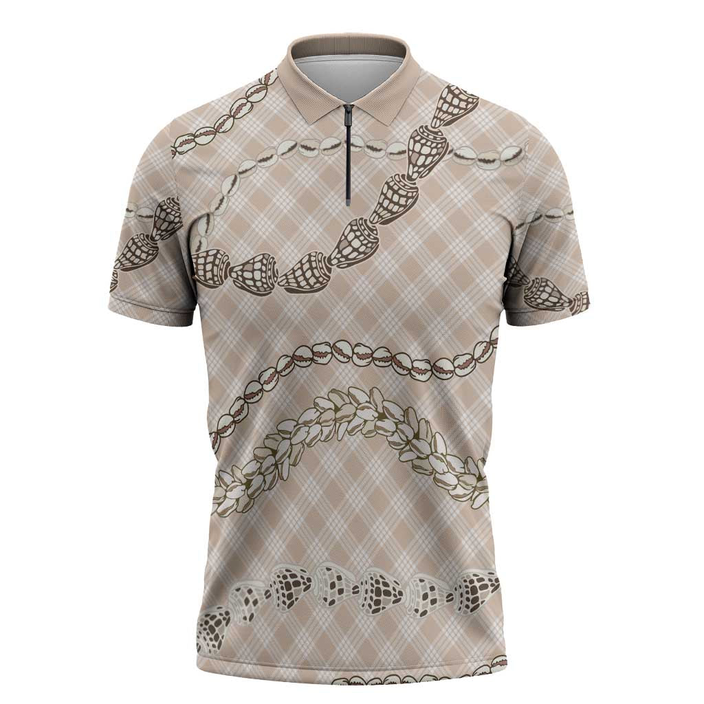 Beige Aloha Hawaii Shell Lei Zipper Polo Shirt Palaka Hebrew Cone Honey Cowrie Elegant Curves - Polynesian Pride
