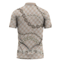 Beige Aloha Hawaii Shell Lei Zipper Polo Shirt Palaka Hebrew Cone Honey Cowrie Elegant Curves - Polynesian Pride
