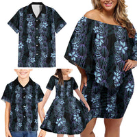 Purple Paradise Hawaii Shell Lei Family Matching Off Shoulder Short Dress and Hawaiian Shirt Hawaiian Sunrise Shell Hebrew Cone Plumeria - Polynesian Pride
