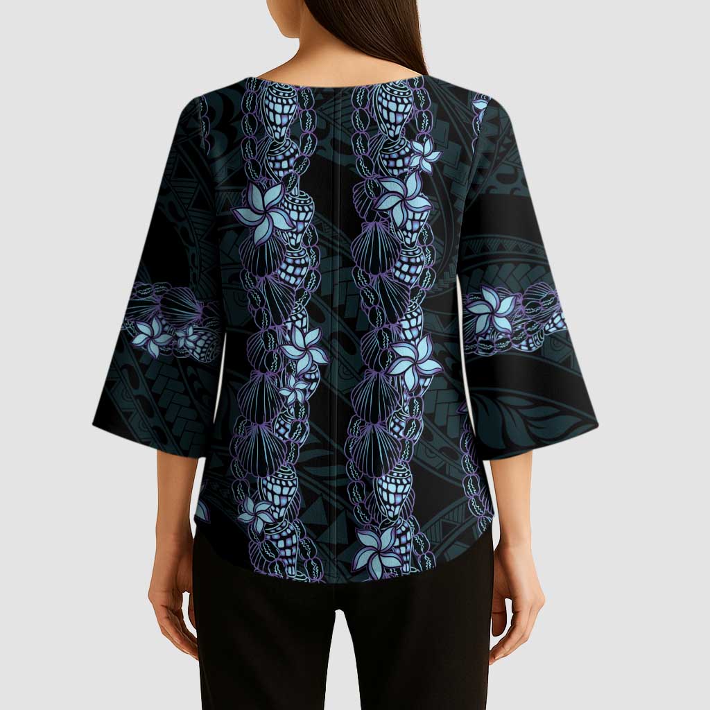 Purple Paradise Hawaii Shell Lei Kimono Sleeve Blouse Hawaiian Sunrise Shell Hebrew Cone Plumeria - Polynesian Pride