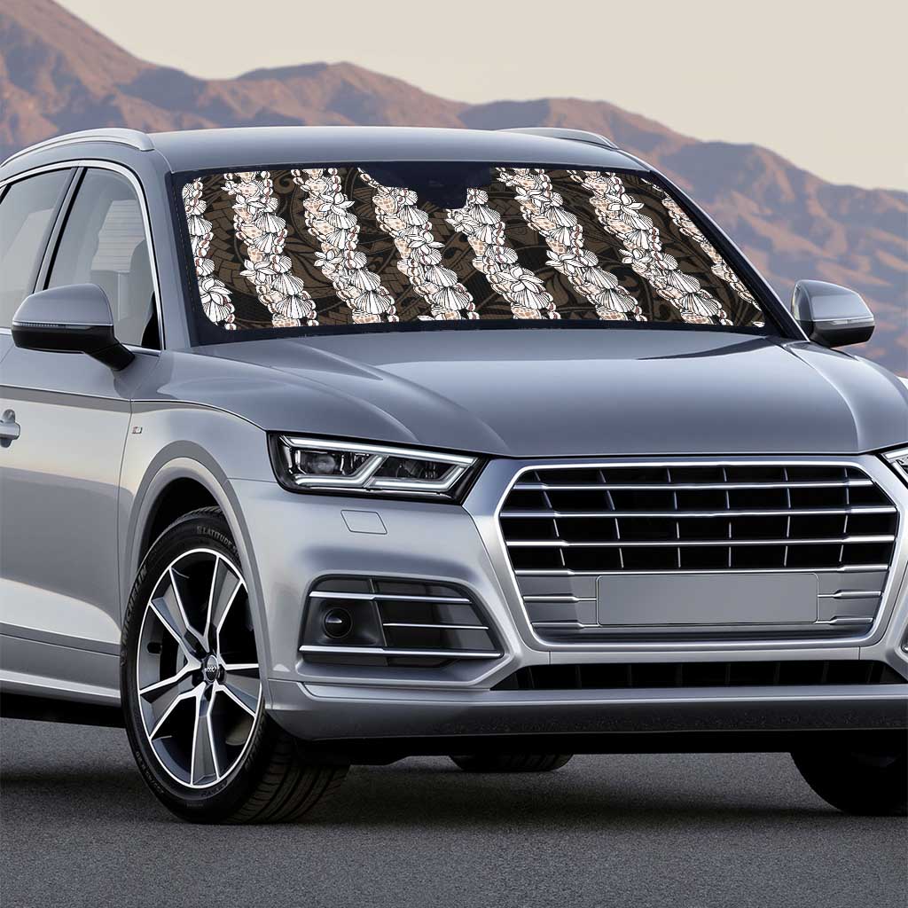 Black and Beige Hawaii Shell Lei Auto Sun Shade Hawaiian Sunrise Shell Hebrew Cone Plumeria - Polynesian Pride