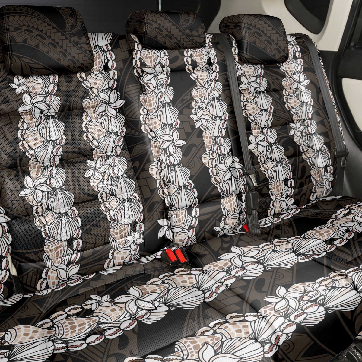Black and Beige Hawaii Shell Lei Back Car Seat Cover Hawaiian Sunrise Shell Hebrew Cone Plumeria - Polynesian Pride