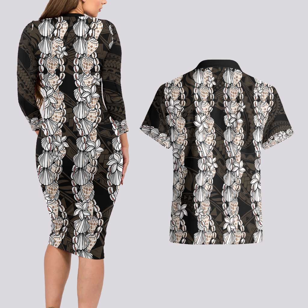 Black and Beige Hawaii Shell Lei Couples Matching Long Sleeve Bodycon Dress and Hawaiian Shirt Hawaiian Sunrise Shell Hebrew Cone Plumeria - Polynesian Pride