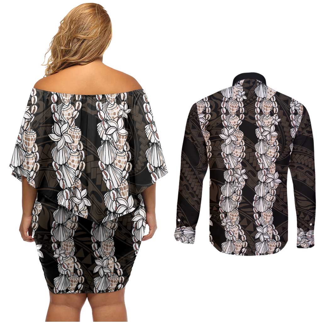 Black and Beige Hawaii Shell Lei Couples Matching Off Shoulder Short Dress and Long Sleeve Button Shirt Hawaiian Sunrise Shell Hebrew Cone Plumeria - Polynesian Pride