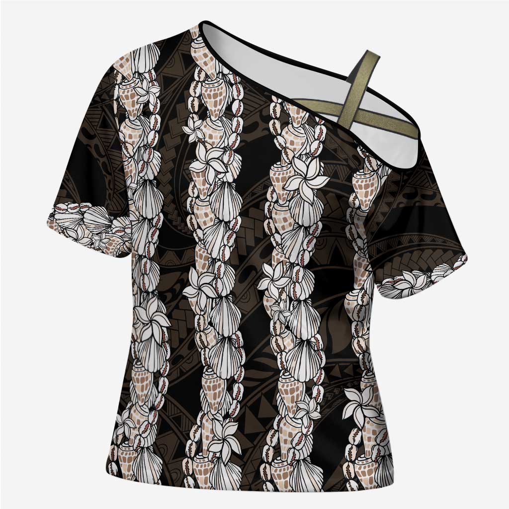 Black and Beige Hawaii Shell Lei Cross Shoulder Shirt Hawaiian Sunrise Shell Hebrew Cone Plumeria - Polynesian Pride