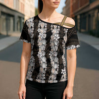 Black and Beige Hawaii Shell Lei Cross Shoulder Shirt Hawaiian Sunrise Shell Hebrew Cone Plumeria - Polynesian Pride