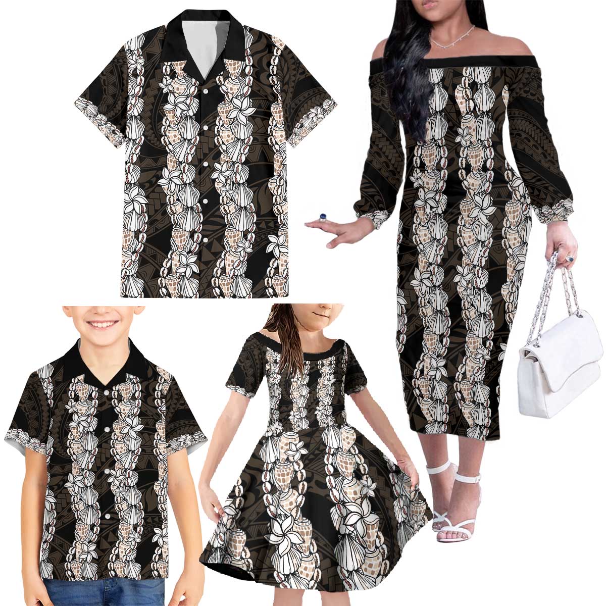 Black and Beige Hawaii Shell Lei Family Matching Off The Shoulder Long Sleeve Dress and Hawaiian Shirt Hawaiian Sunrise Shell Hebrew Cone Plumeria - Polynesian Pride