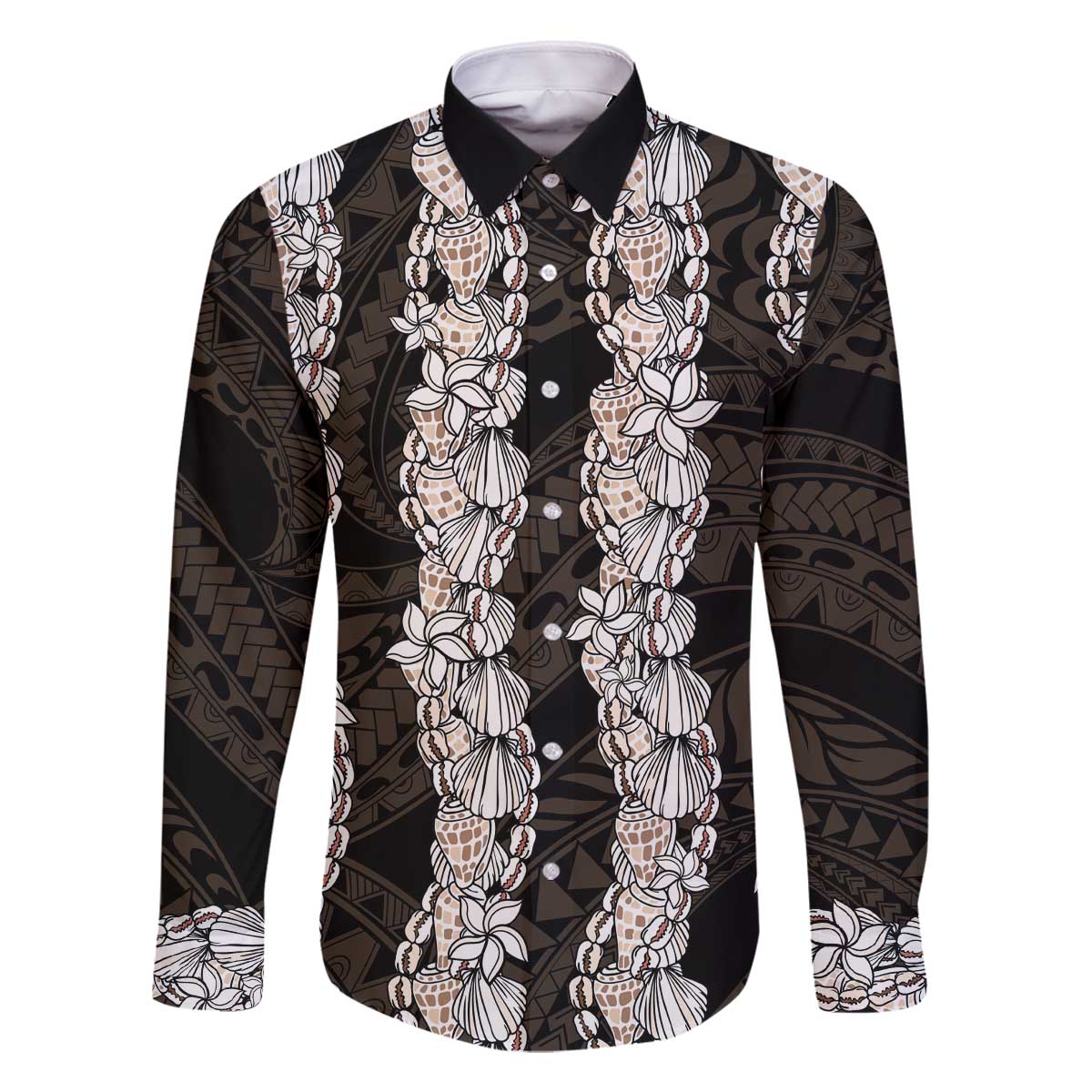 Black and Beige Hawaii Shell Lei Family Matching Off The Shoulder Long Sleeve Dress and Hawaiian Shirt Hawaiian Sunrise Shell Hebrew Cone Plumeria - Polynesian Pride