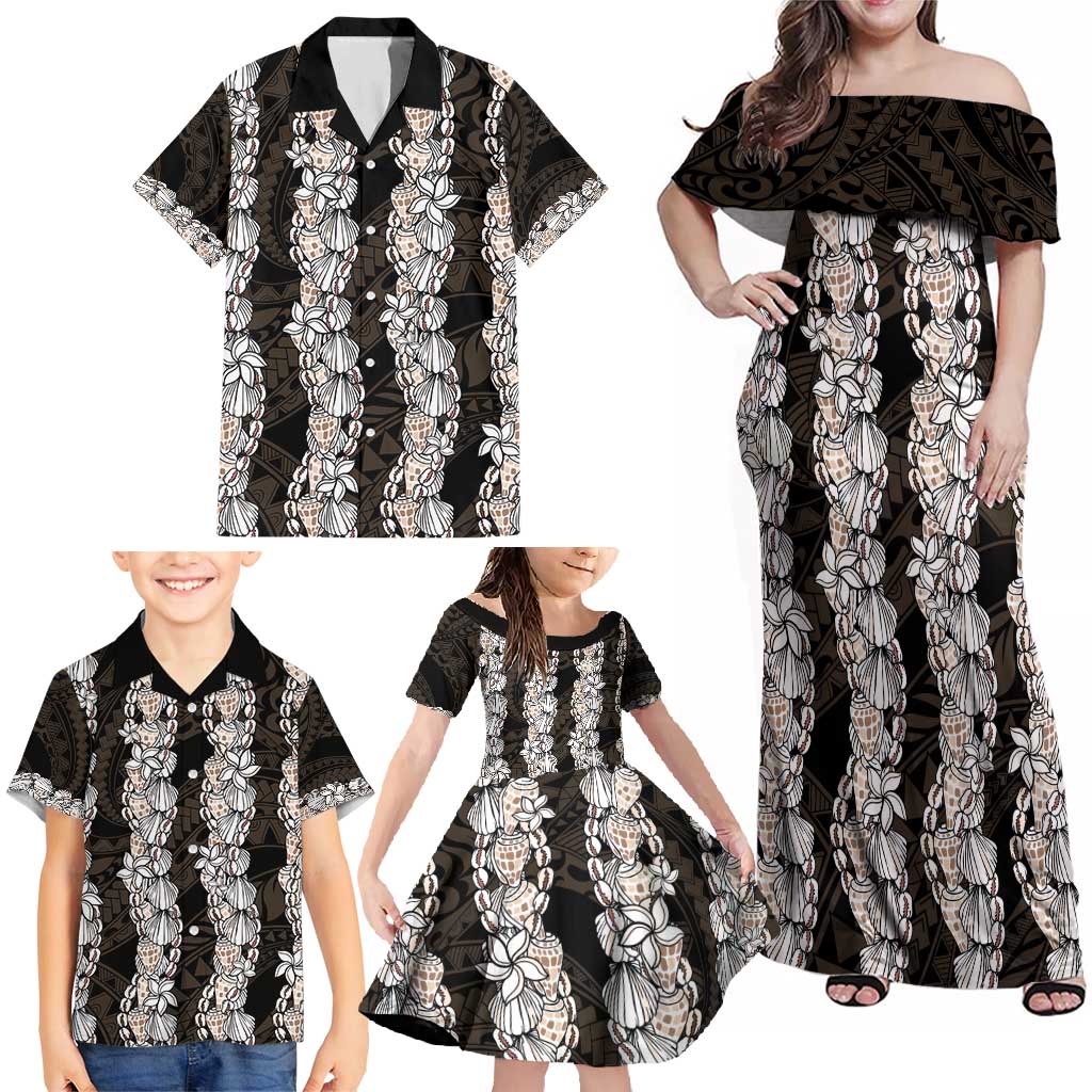 Black and Beige Hawaii Shell Lei Family Matching Off Shoulder Maxi Dress and Hawaiian Shirt Hawaiian Sunrise Shell Hebrew Cone Plumeria - Polynesian Pride