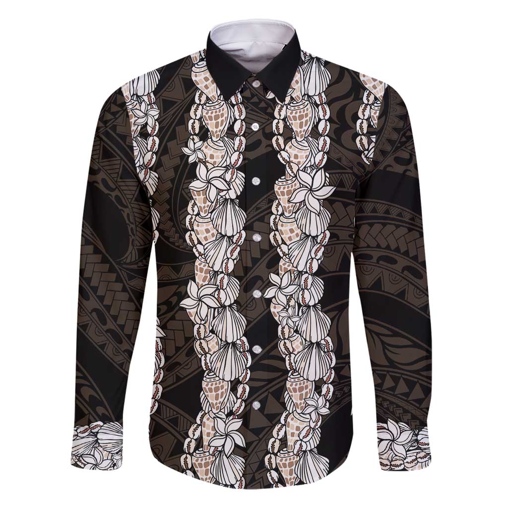 Black and Beige Hawaii Shell Lei Family Matching Off Shoulder Maxi Dress and Hawaiian Shirt Hawaiian Sunrise Shell Hebrew Cone Plumeria - Polynesian Pride