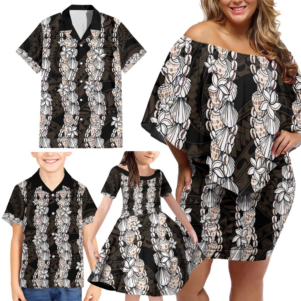 Black and Beige Hawaii Shell Lei Family Matching Off Shoulder Short Dress and Hawaiian Shirt Hawaiian Sunrise Shell Hebrew Cone Plumeria - Polynesian Pride
