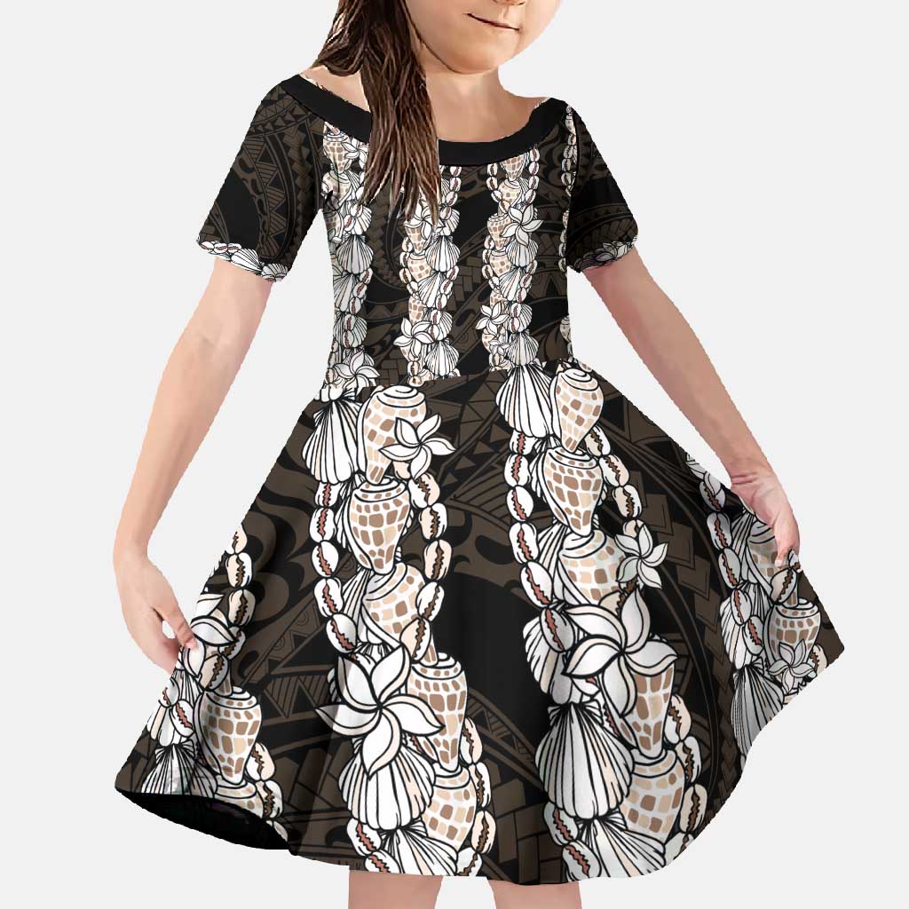 Black and Beige Hawaii Shell Lei Family Matching Short Sleeve Bodycon Dress and Hawaiian Shirt Hawaiian Sunrise Shell Hebrew Cone Plumeria - Polynesian Pride