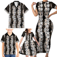 Black and Beige Hawaii Shell Lei Family Matching Short Sleeve Bodycon Dress and Hawaiian Shirt Hawaiian Sunrise Shell Hebrew Cone Plumeria - Polynesian Pride