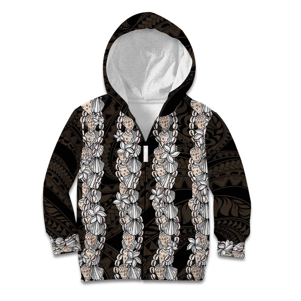 Black and Beige Hawaii Shell Lei Kid Hoodie Hawaiian Sunrise Shell Hebrew Cone Plumeria - Polynesian Pride
