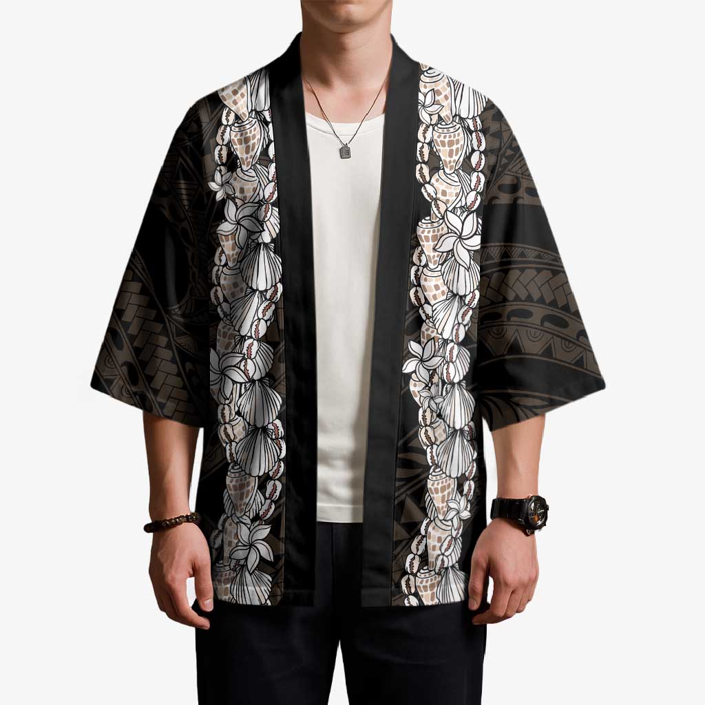 Black and Beige Hawaii Shell Lei Kimono Hawaiian Sunrise Shell Hebrew Cone Plumeria - Polynesian Pride