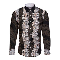 Black and Beige Hawaii Shell Lei Long Sleeve Button Shirt Hawaiian Sunrise Shell Hebrew Cone Plumeria - Polynesian Pride