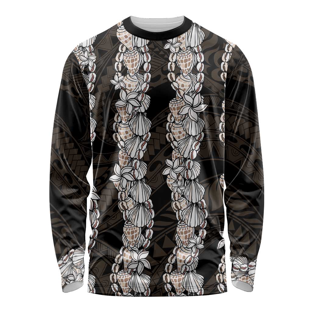 Black and Beige Hawaii Shell Lei Long Sleeve Shirt Hawaiian Sunrise Shell Hebrew Cone Plumeria - Polynesian Pride