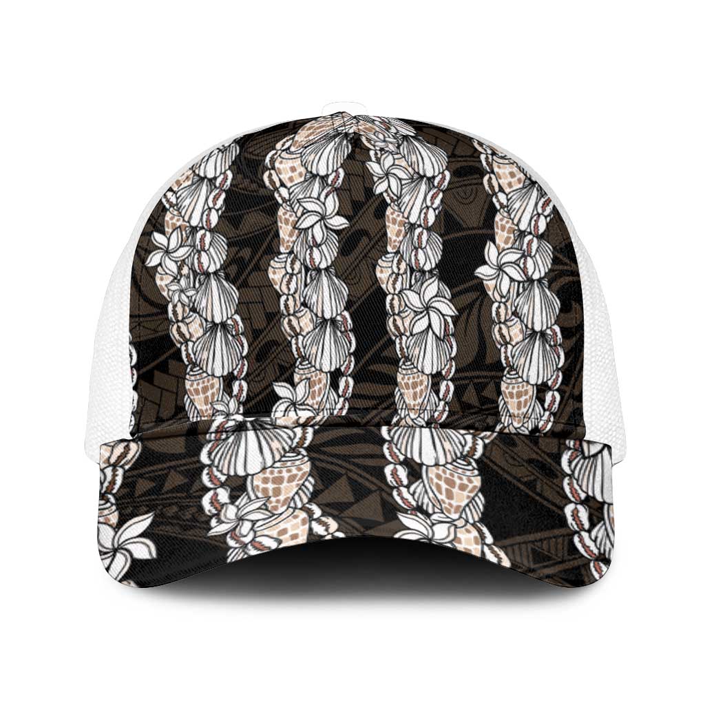 Black and Beige Hawaii Shell Lei Mesh Trucker Cap Hawaiian Sunrise Shell Hebrew Cone Plumeria - Polynesian Pride