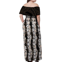 Black and Beige Hawaii Shell Lei Off Shoulder Maxi Dress Hawaiian Sunrise Shell Hebrew Cone Plumeria - Polynesian Pride